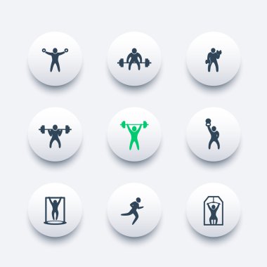 Gym, fitness exercises, training, round modern icons, vector illustration
