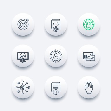 seo line round modern icons, search engine optimization, internet marketing, web page indexing