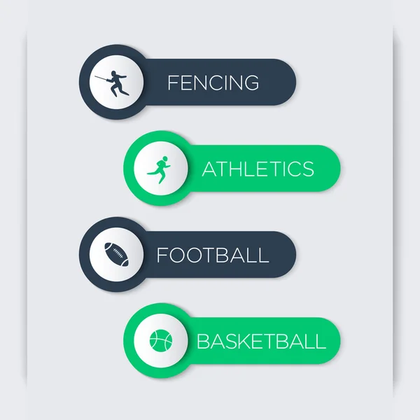 Fencing, Athletics, Football, Basketball labels, banners, tags, vector illustration — 图库矢量图片