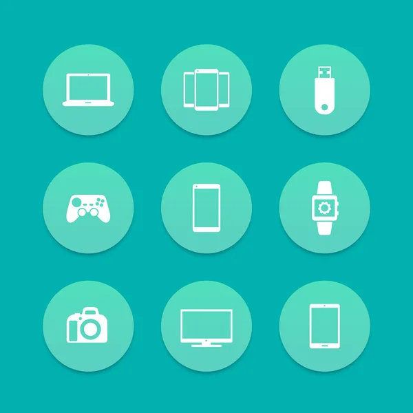 Gadgets (ordenador portátil, tableta, cámara, tv) iconos de aguamarina, ilustración vectorial — Vector de stock