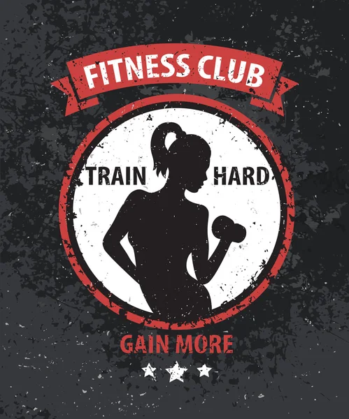 Logo de color grunge Fitness Club, impresión con chica atlética, ilustración vectorial — Vector de stock