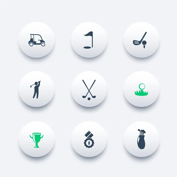 Golf, golf clubs, car, golf player, round modern icons, vector illustration — ストックベクタ