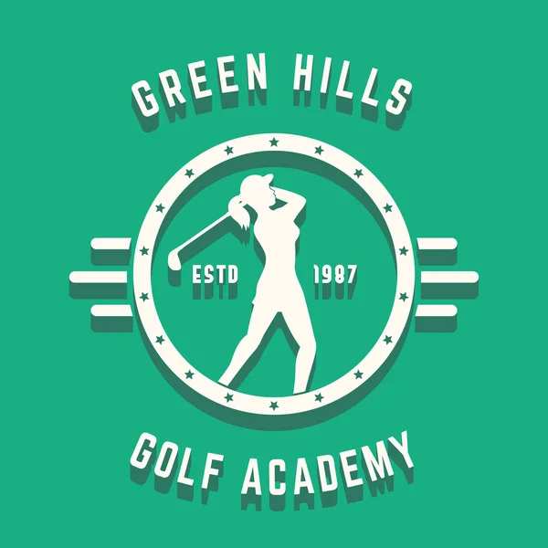 Golf Academy design logotipo redondo vintage com jogador de golfe menina — Vetor de Stock
