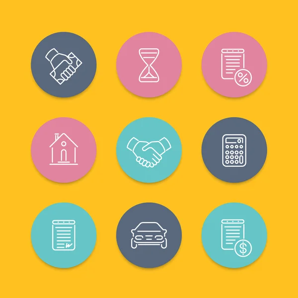 Leasing, loan, deal line icons, round flat set, vector illustration — 스톡 벡터