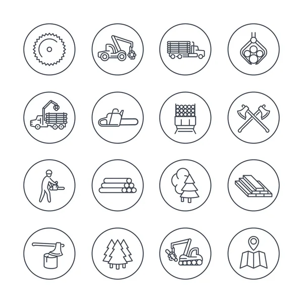 Holzeinschlag, Sägewerk Linie Symbole im Kreis, Holztransporter, Holzerntemaschine, Holz, Holzfäller, Holz, Holz, Vektorillustration — Stockvektor