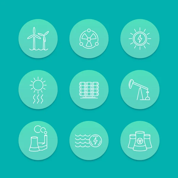 Power, energy production, energetics, nuclear energy line icons, aquamarine set, vector illustration — 图库矢量图片