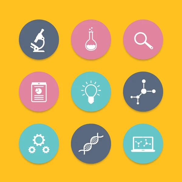 Science, research, laboratory round flat icons, vector illustration — Stock vektor
