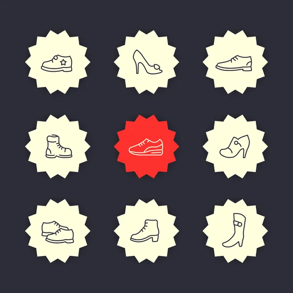 Sapatos ícones de linha, saltos, sapatos femininos, botas, ícone de formadores, ilustração vetorial —  Vetores de Stock