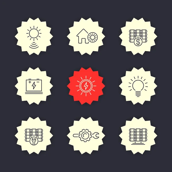 Solar energy line icons, solar power, panels installation, vector illustration — 스톡 벡터