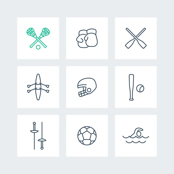 Deportes y juegos iconos de línea en cuadrados, ilustración de vectores — Vector de stock