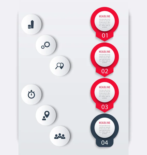 Vertical timeline infographic elements, icons, step labels, vector illustration — Stock Vector