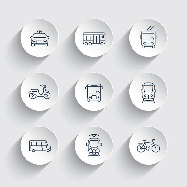 Iconos de la línea de transporte de la ciudad en formas redondas 3d, tren, autobús, taxi, trolebús, metro, transporte público, vector de ilustración — Vector de stock