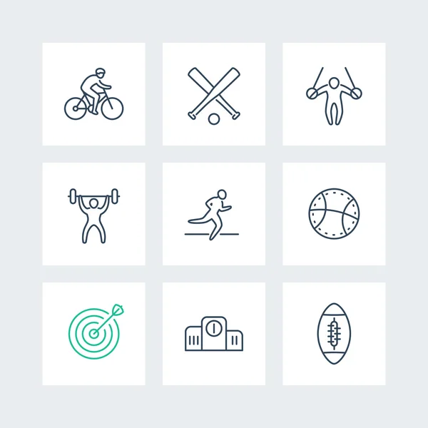 Diferentes tipos de deportes, iconos de línea en cuadrados — Vector de stock
