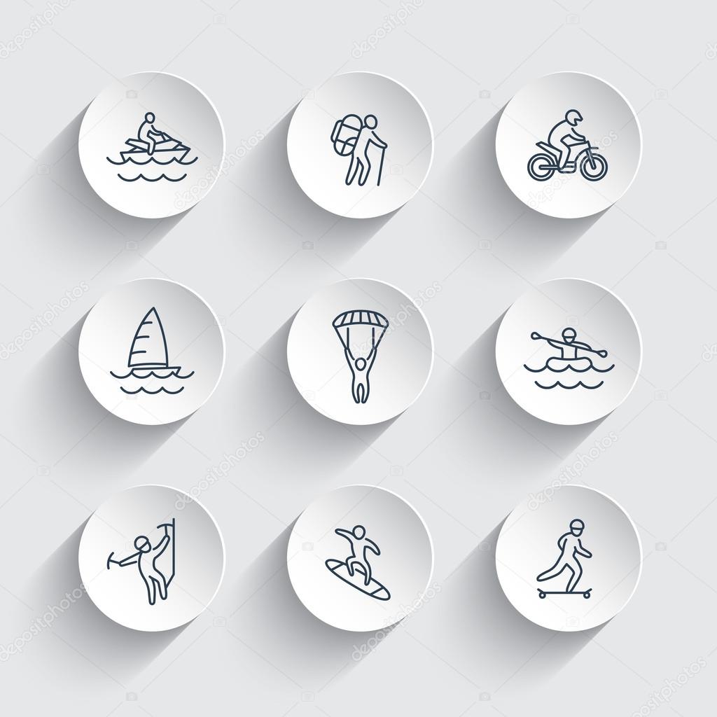 extreme outdoor activities line icons on round 3d shapes, vector illustration