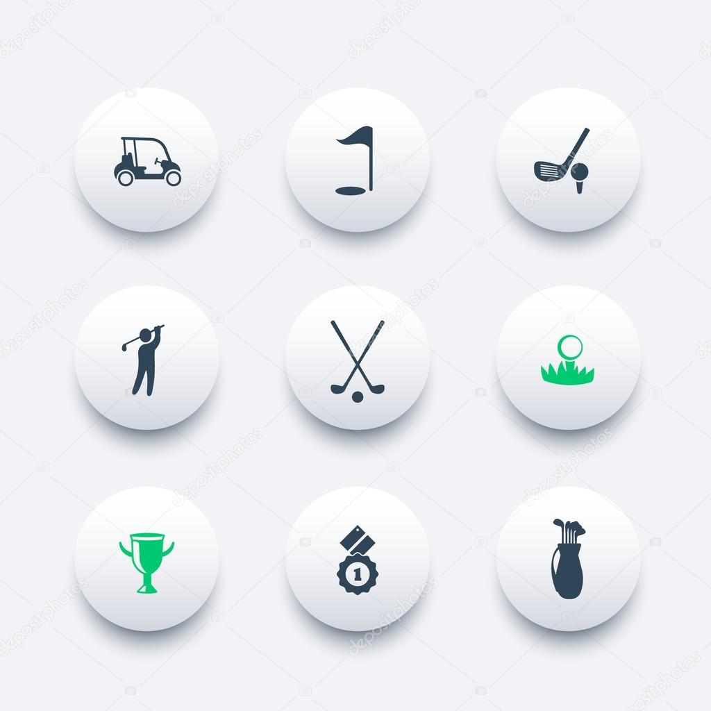 Golf, golf clubs, car, golf player, round modern icons, vector illustration