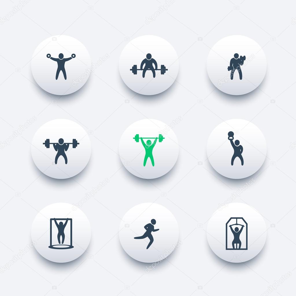 Gym, fitness exercises, training, round modern icons, vector illustration