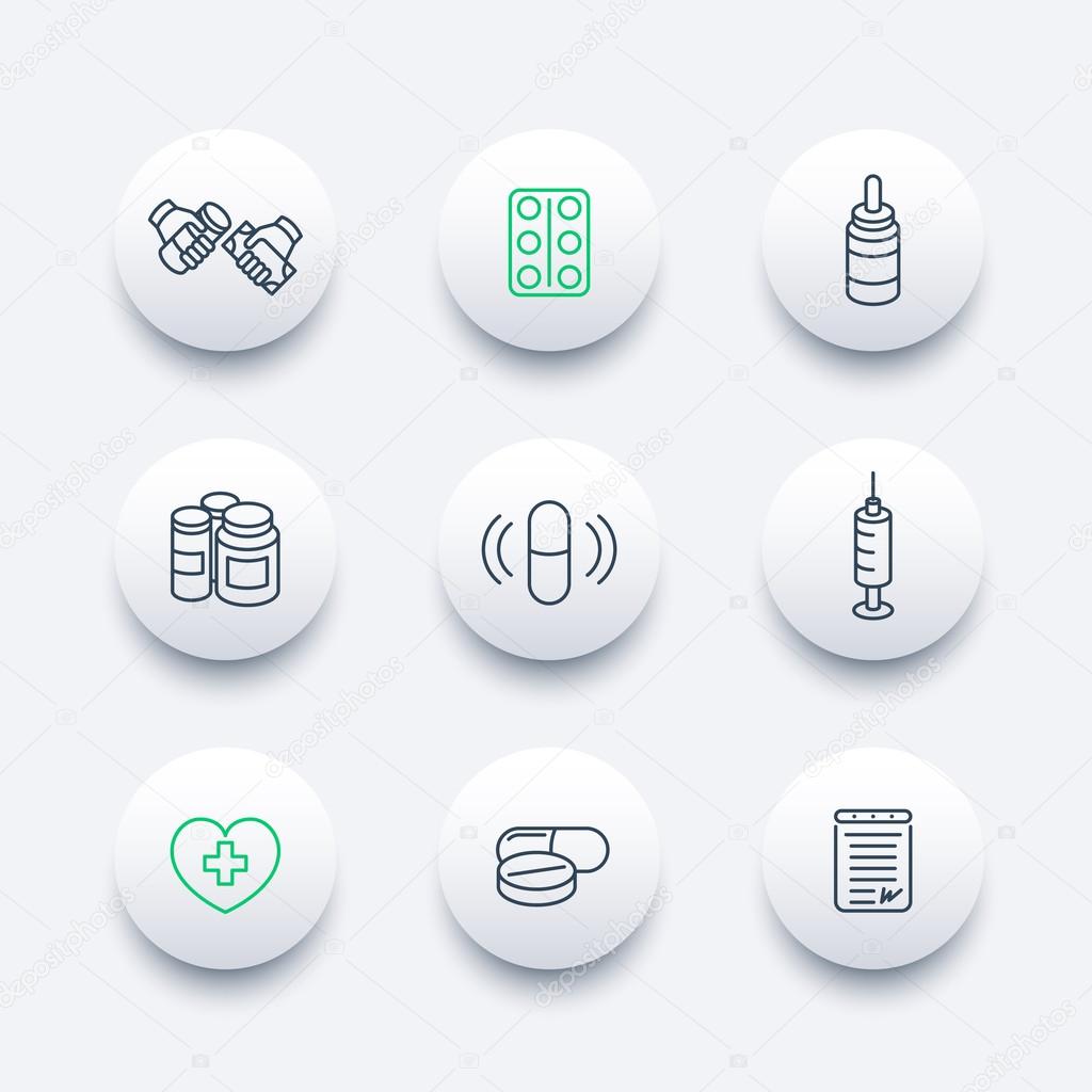 medicine, drugs, pills, line round modern icons, vector illustration
