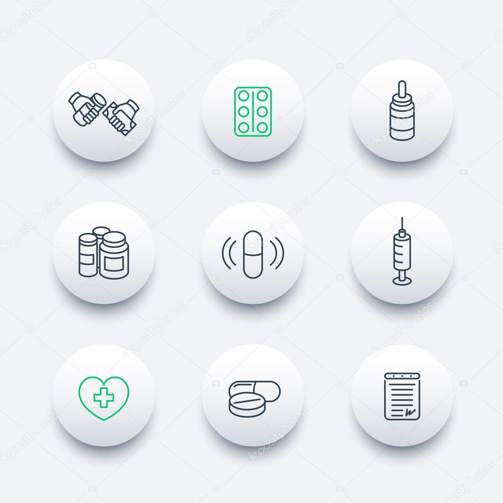 Medicine, drugs, pills, line round modern icons, vector illustration