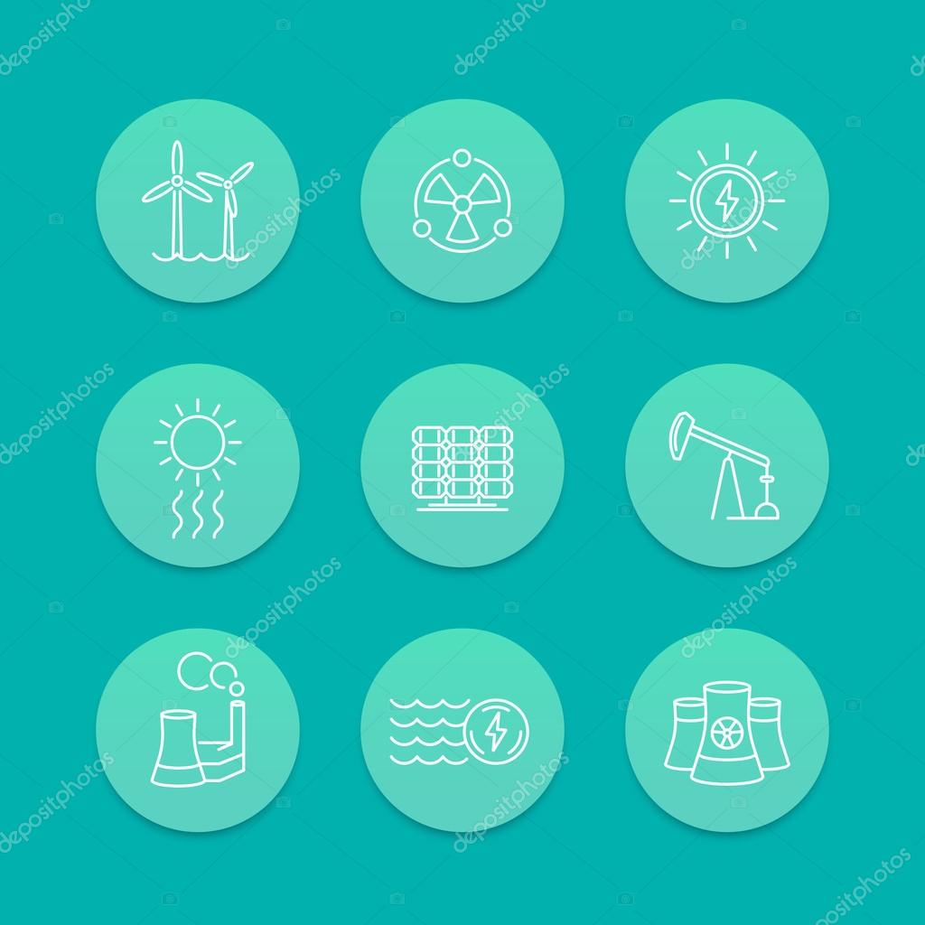 Power, energy production, energetics, nuclear energy line icons, aquamarine set, vector illustration