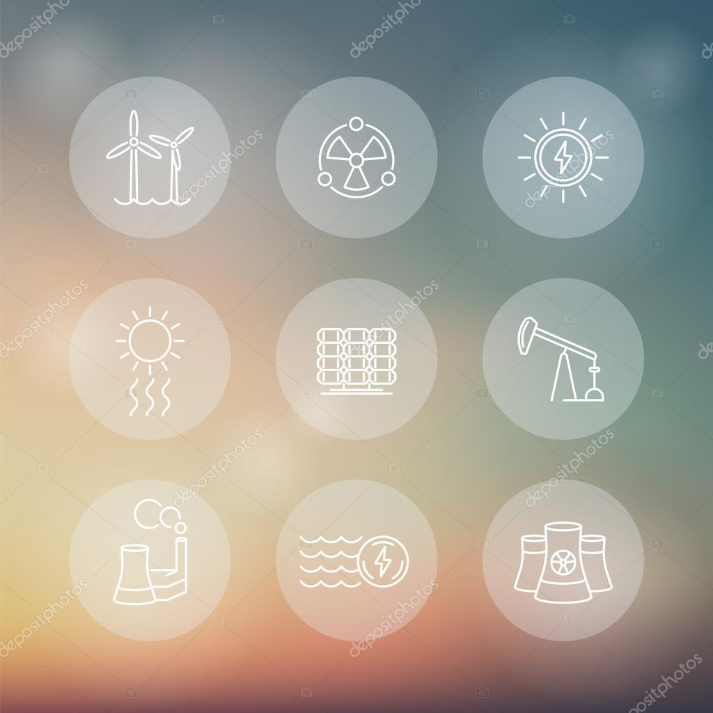 Power, energy production, energetics, nuclear energy, line round transparent icons, vector illustration