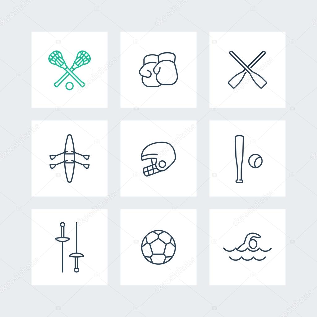 sports and games line icons in squares, vector illustration