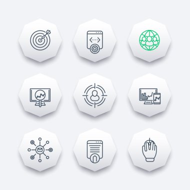 seo, search engine optimization, internet marketing, web page indexing line octagon icons, vector illustration