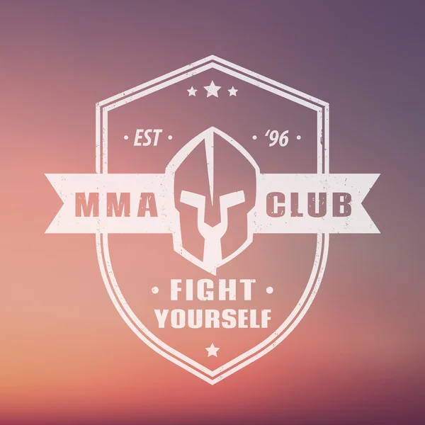 MMA Club vintage white logo with spartan helmet on shield, vector illustration — Stock vektor