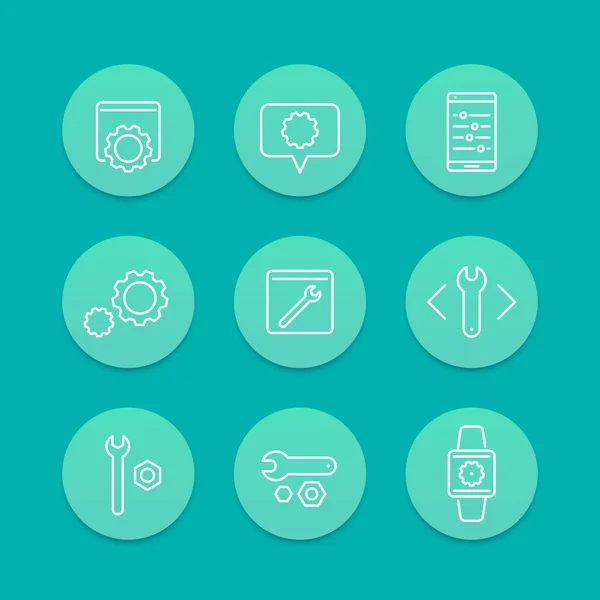 Settings, tools, development line icons, aquamarine set, vector illustration — Stockový vektor