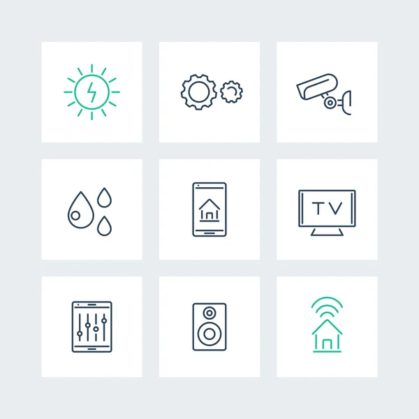 Smart House, iconos de línea de electrónica inteligente en cuadrados, ilustración vectorial — Vector de stock