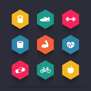 Fitness color hexagonal icons, vector illustration