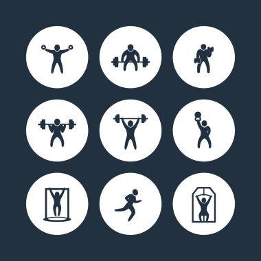Spor Salonu, fitness egzersizleri yuvarlak simgeler, spor eğitim, egzersiz kutsal kişilerin resmi, vektör çizim