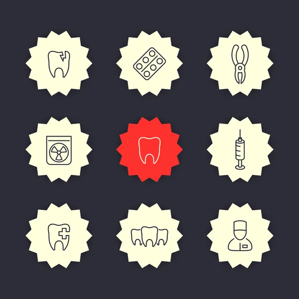 Dientes, cuidado dental, cavidad dental, estomatología iconos de línea delgada, ilustración vectorial — Archivo Imágenes Vectoriales