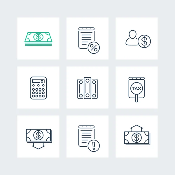 Bookkeeping, finance, tax line icons in squares, vector illustration