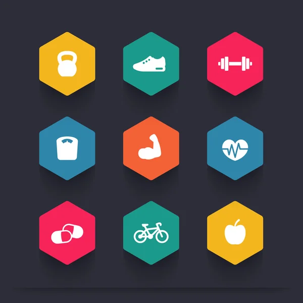 Fitness color hexagonal icons, vector illustration — 스톡 벡터