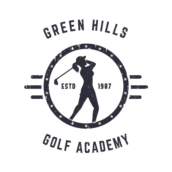 Golf Academy vintage round grunge logo design with female golfer, vector illustration — Stockvector
