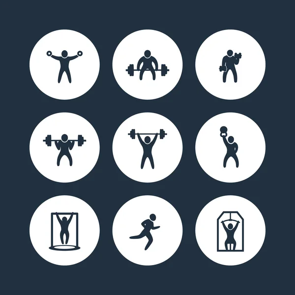 Gymnase, exercices de remise en forme icônes rondes, entraînement physique, icône d'entraînement, illustration vectorielle — Image vectorielle