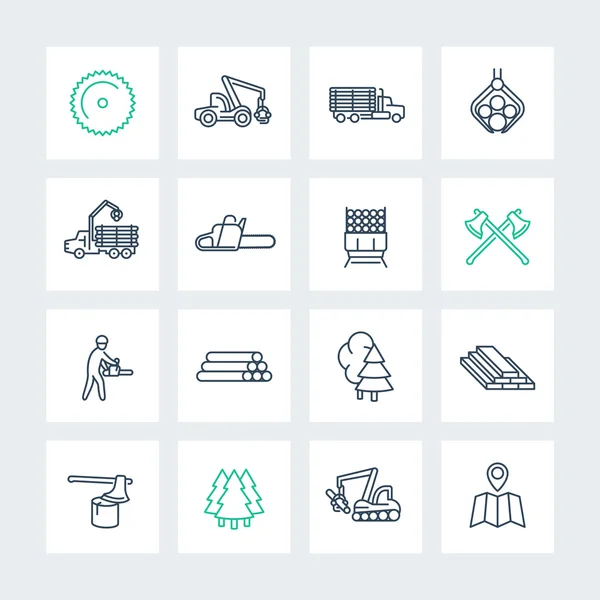 Logging line icons in squares, sawmill, logging truck, tree harvester, timber, lumberjack, lumber, vector illustration — Stock Vector