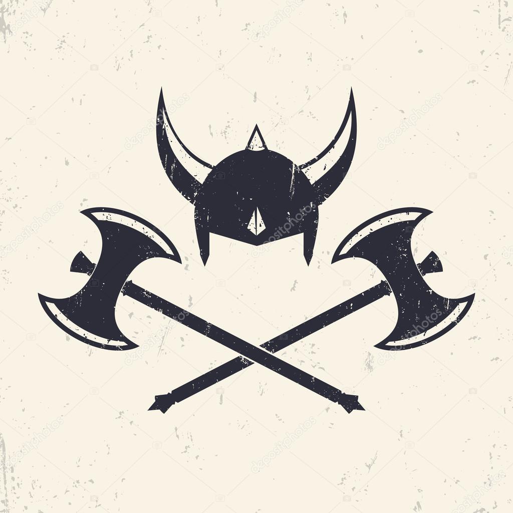 Viking's Helmet and crossed viking battle axes, vector illustration