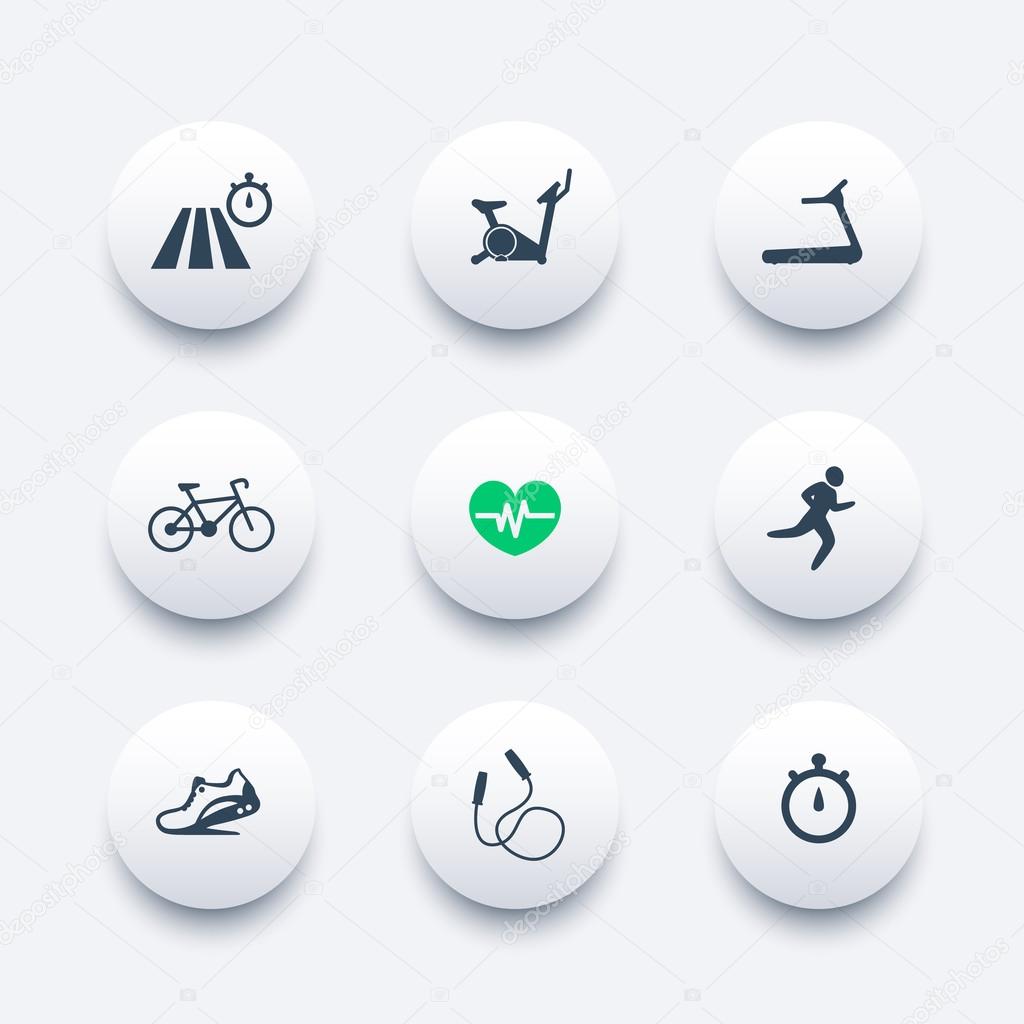 Cardio training round modern icons set, vector illustration