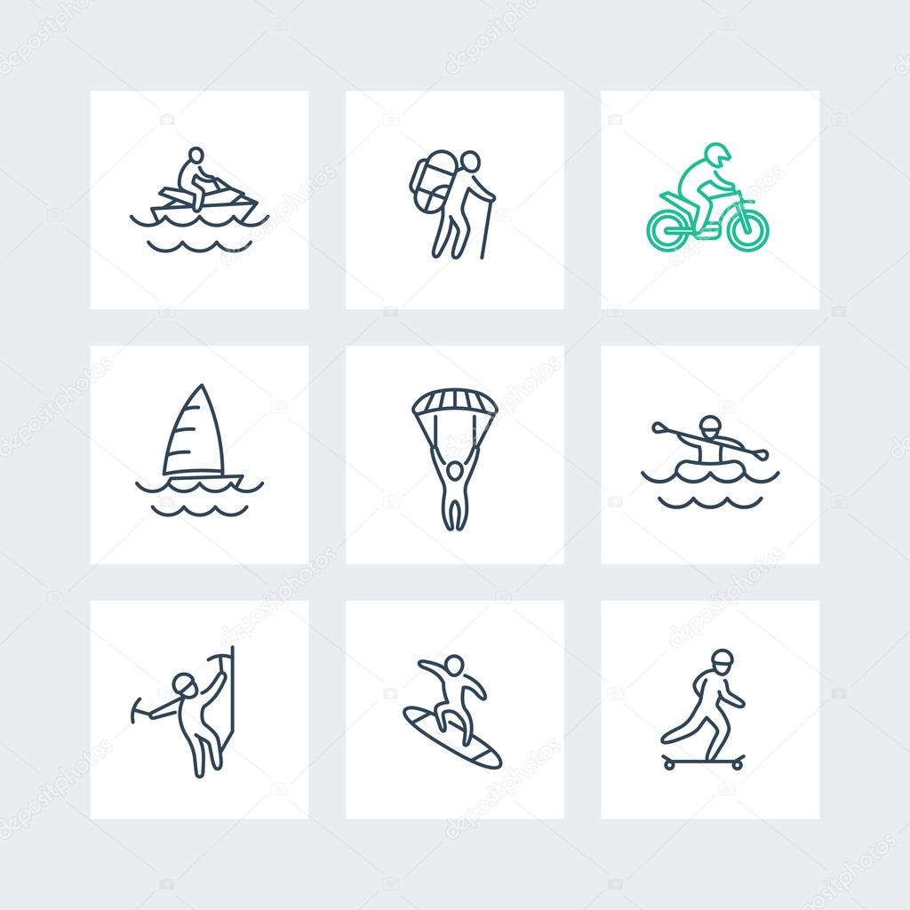 extreme outdoor activities line icons in squares, vector illustration