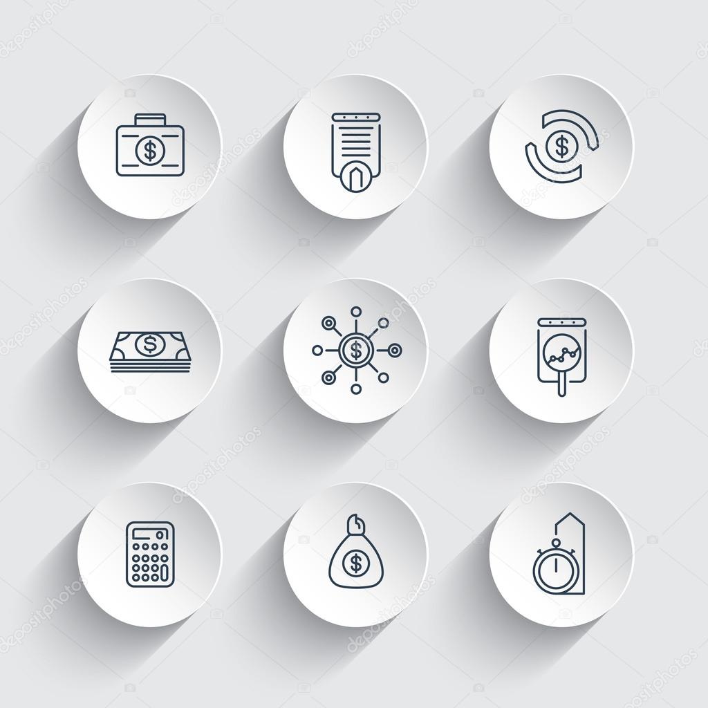 finance, investments, investment analysis, line icons on round 3d shapes, vector illustration