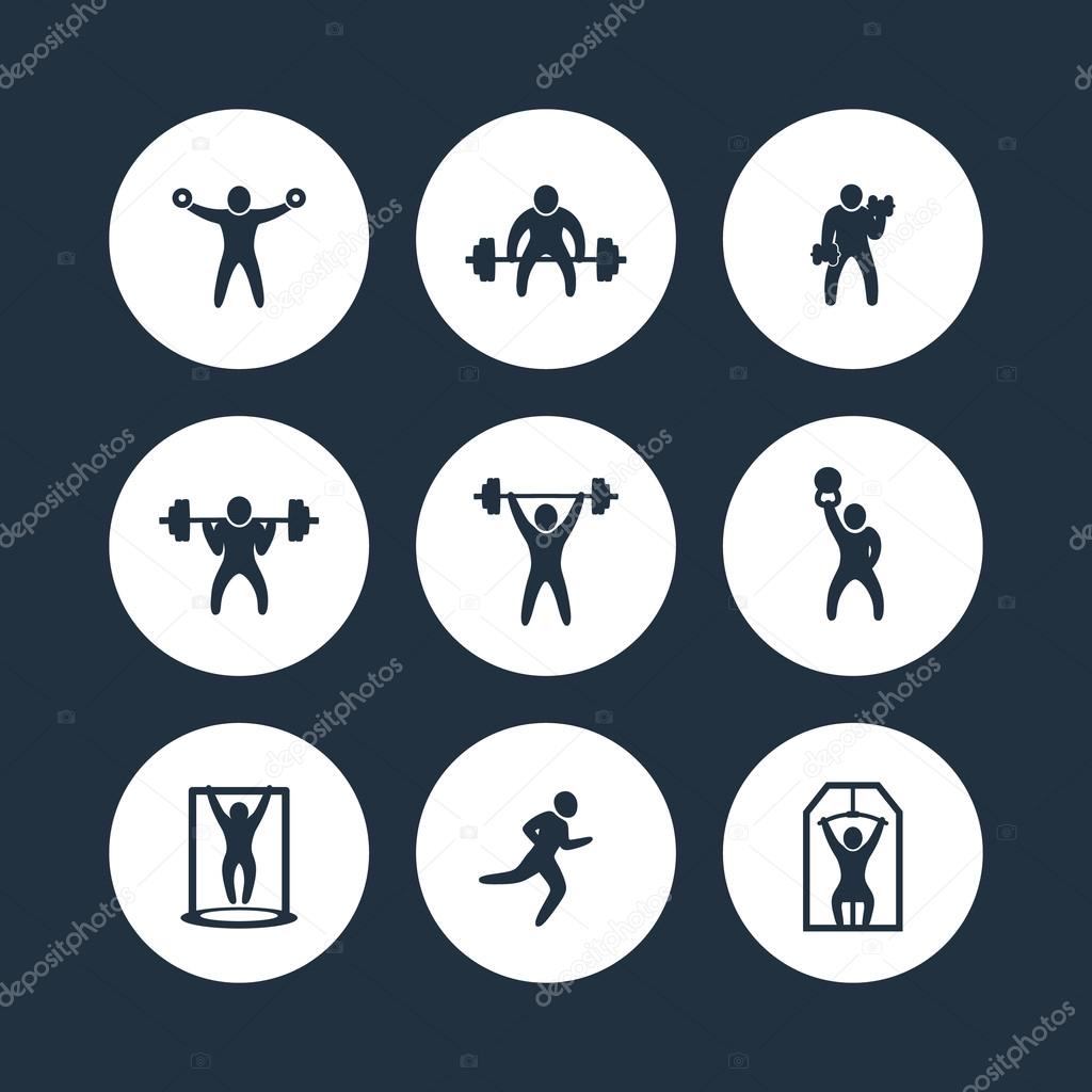 Gym, fitness exercises round icons, gym training, workout icon, vector illustration