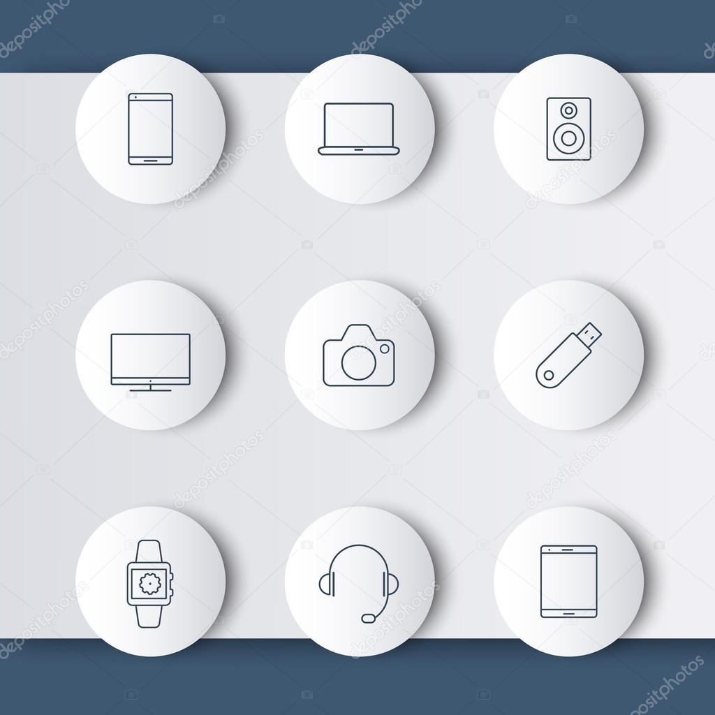 Gadgets (smartphone, tablet, tv, camera) line round icons, vector illustration