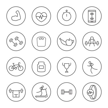 16 hat fitness, spor salonu, yuvarlak simgeler, eğitim vektör çizim