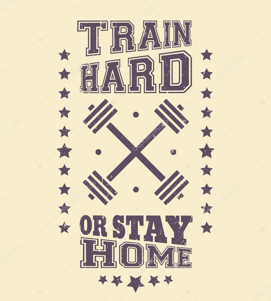 Vintage gym t-shirt design with crossed barbells, vector illustration, eps10, easy to edit