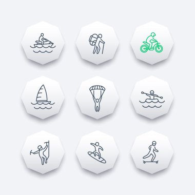 extreme outdoor activities line octagon icons, vector illustration