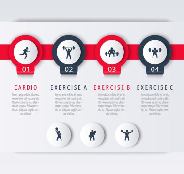 Gym training, workout, 4 steps infographic design, with fitness exercise icons, vector illustration