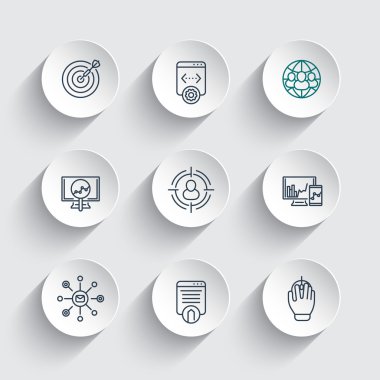 seo line icons on round 3d shapes, search engine optimization, internet marketing, website indexing, seo tools, vector illustration