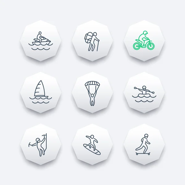 Extreme outdoor activities line octagon icons, vector illustration — Wektor stockowy