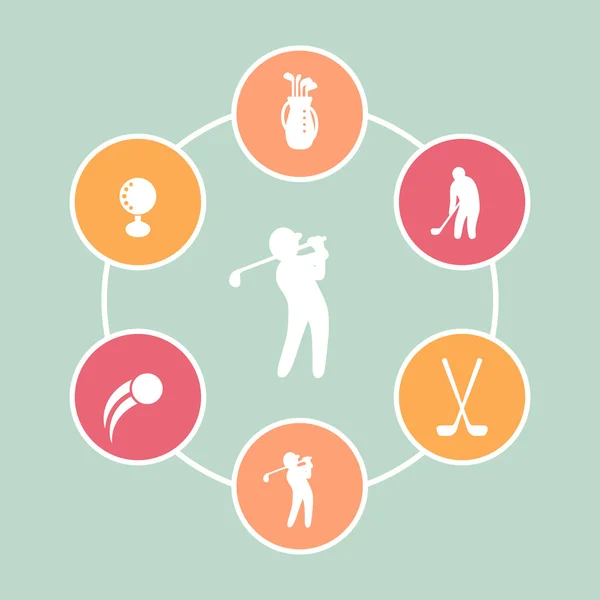 Гольф круглые плоские иконки, клюшки для гольфа, игрок в гольф, гольфист, сумка для гольфа, векторная иллюстрация — стоковый вектор